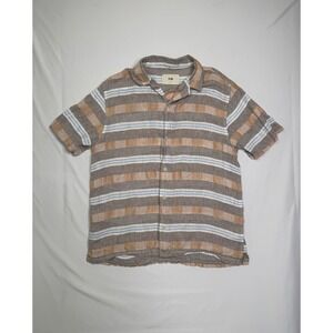 Folk Mens Short Sleeve Linen Cotton Striped Button Down Shirt Brown Tan Size M